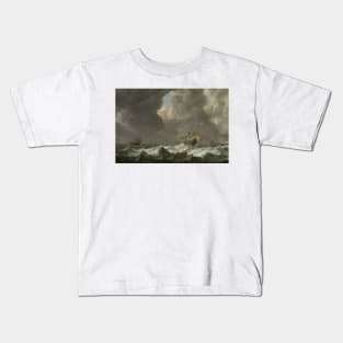 Dutch Merchantmen in Rough Seas off a Rocky Coast by Simon de Vlieger Kids T-Shirt